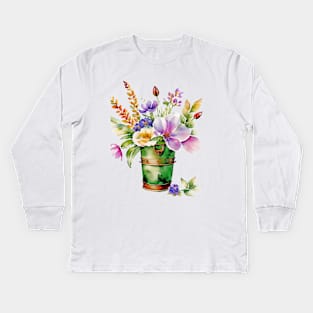 Watercolor Pail Filled with Spring Flowers Kids Long Sleeve T-Shirt